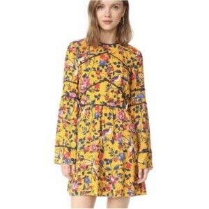 Tanya Taylor Mustard Silk Dress Womens Sz 12 Kimono Floral Caterina Marigold